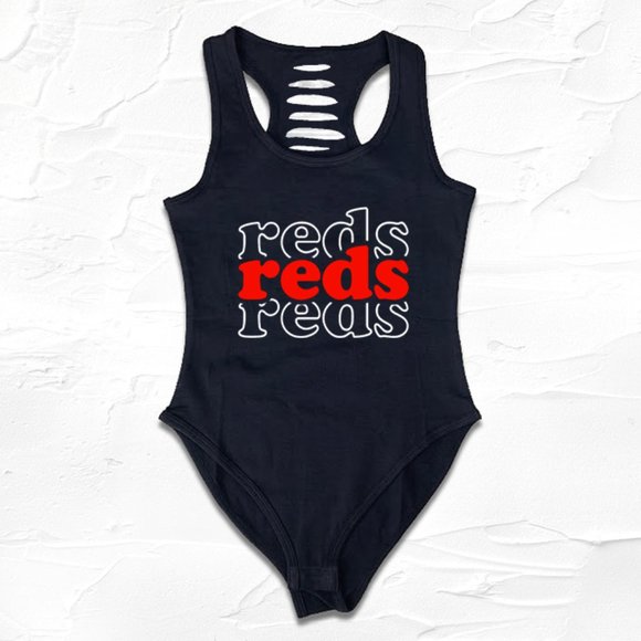 Hand Crafted Tops - Womens Black/Reds Baseball pattern bodysuit, GO Cincinnati
